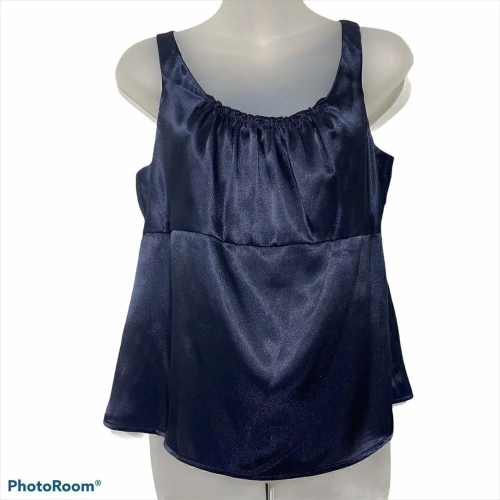 Nine West suit NWOT navy blue ruched tank top blouse Y2K 90s satin shirt 10